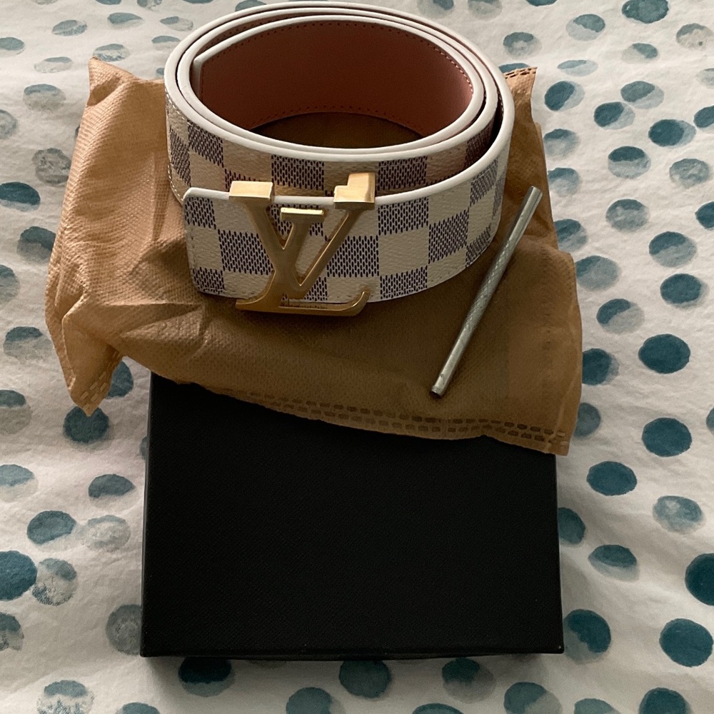 Louis Vuitton White Damier Azur Canvas Belt with Gold LV Buckle SALE
